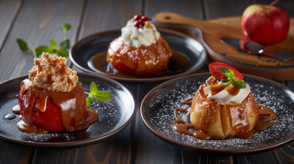 Four serving variations of air fryer baked apples with ice cream, whipped cream, caramel, and yogurt