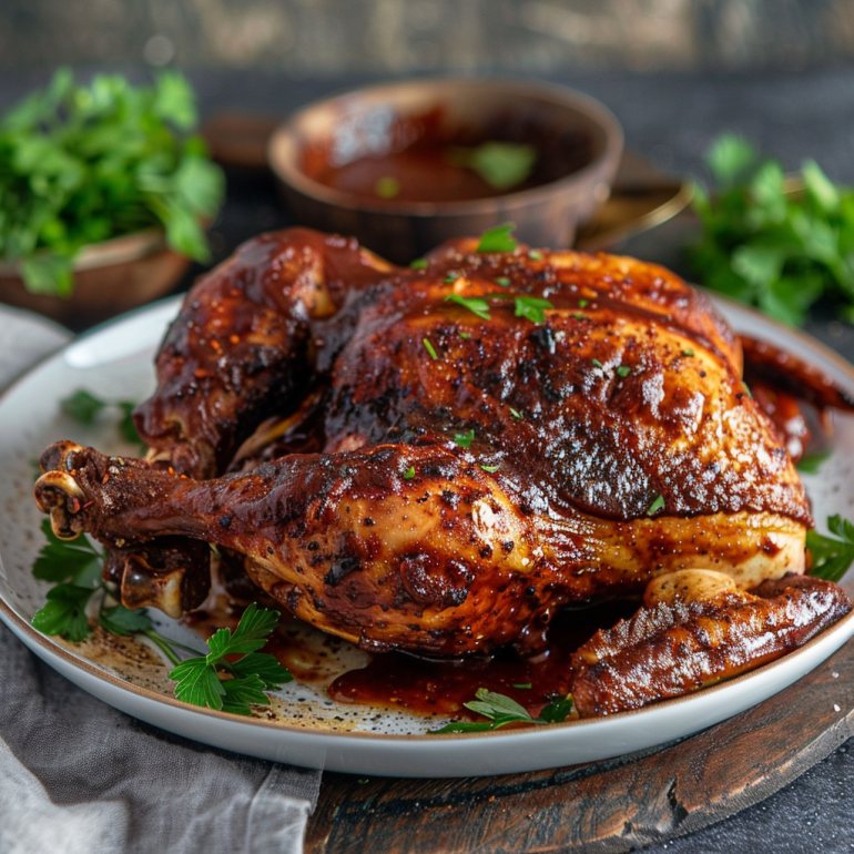 BBQ seasoned air fryer roasted chicken with smoky spice rub and glaze