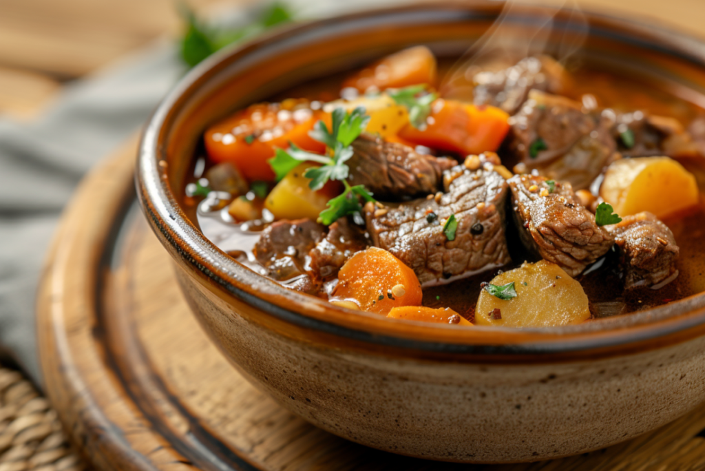 beef stew with tender beef, carrots, potatoes, and parsley in glossy broth.