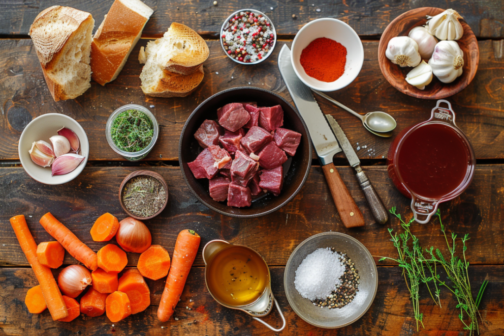 Flat lay of beef stew ingredients including beef, vegetables, herbs, beef broth, and red wine.