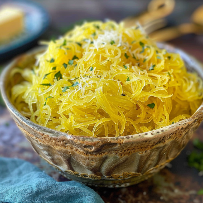 Bowl of golden air fryer spaghetti squash strands tossed with butter