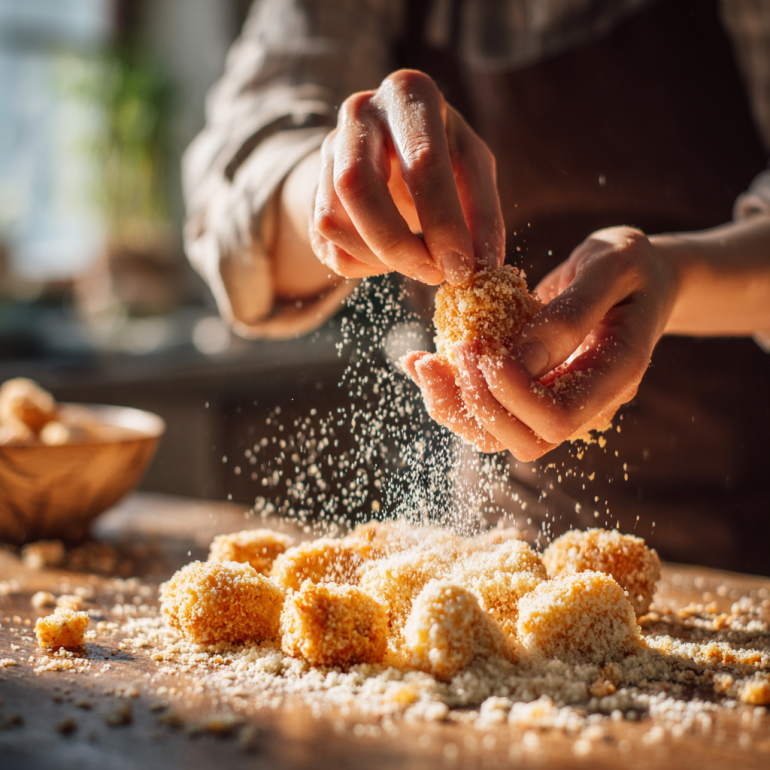 Hands coating chicken pieces in breadcrumbs before air frying.