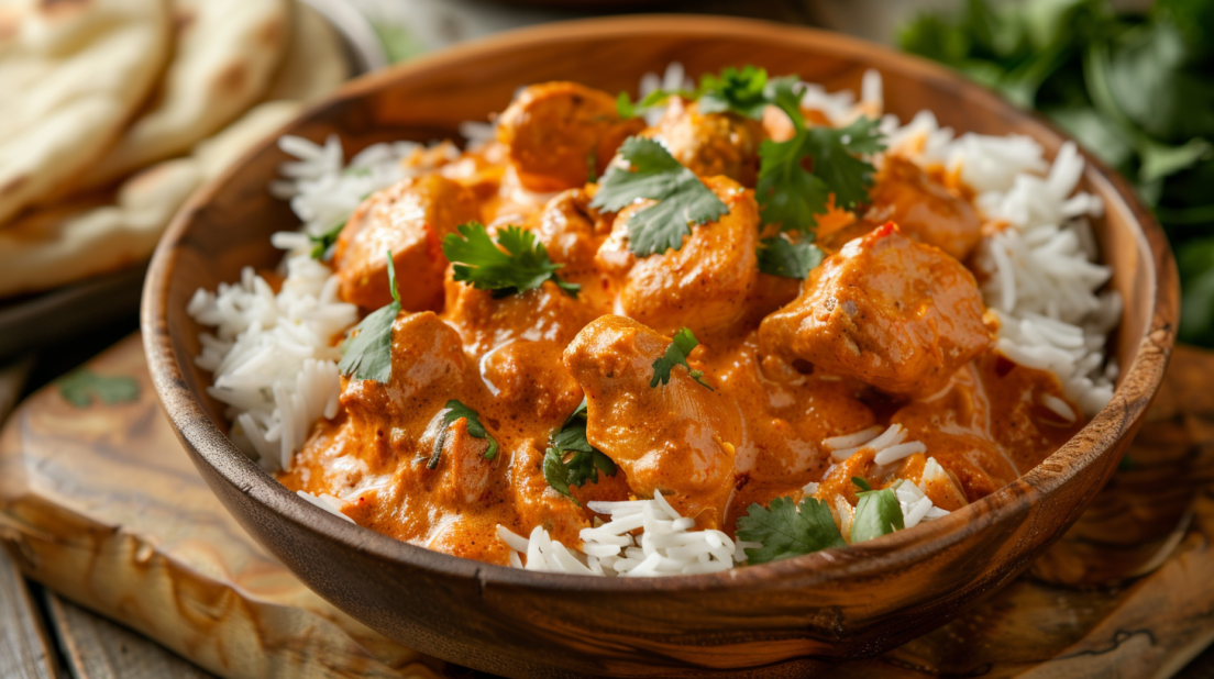 Creamy butter chicken with rich sauce served over basmati rice with fresh cilantro garnish