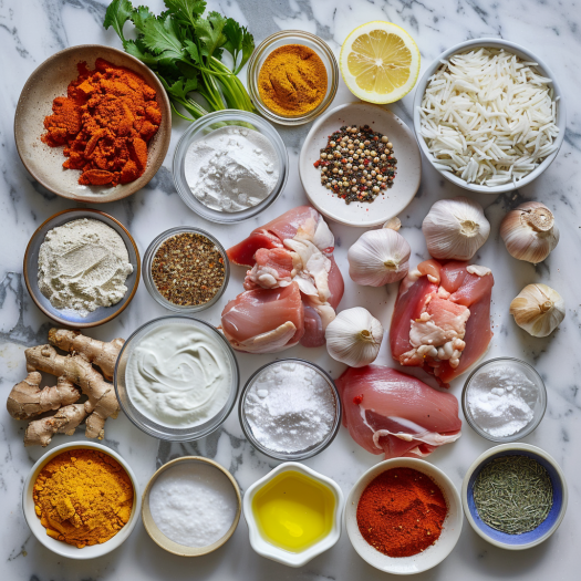 Complete butter chicken ingredients including yogurt, spices, chicken thighs, cream, and tomato passata