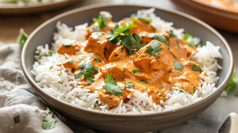 Butter chicken served over fluffy basmati rice for complete dinner