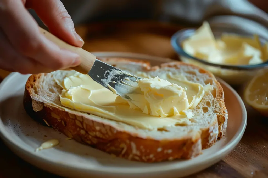 Spreading softened butter evenly on bread slice for air fryer grilled cheese sandwich