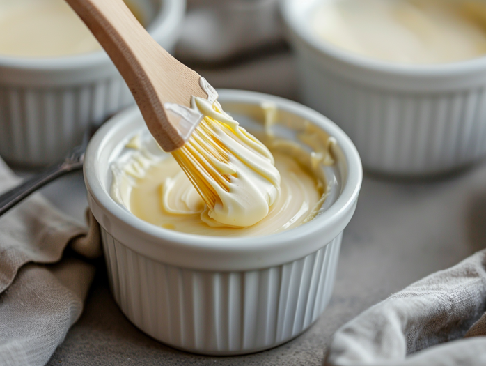 Brushing butter inside ramekin for chocolate lava cake preparation