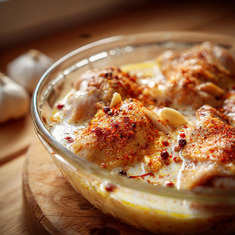 Chicken marinating in buttermilk and spices in a glass bowl on a wooden counter.