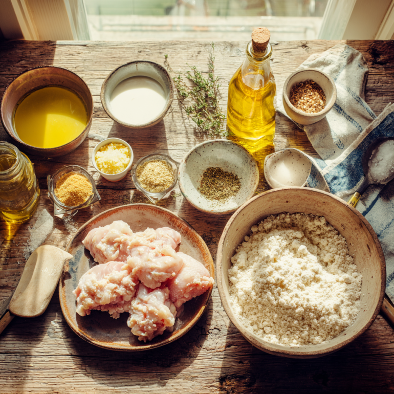 Ingredients for air fryer buttermilk fried chicken arranged on a wooden countertop.