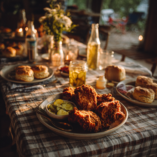 Family-style dinner table with buttermilk fried chicken, honey butter, and biscuits under warm light.