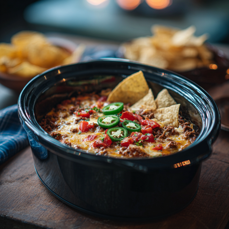 Crockpot with cheesy beef queso dip surrounded by tortilla chips.