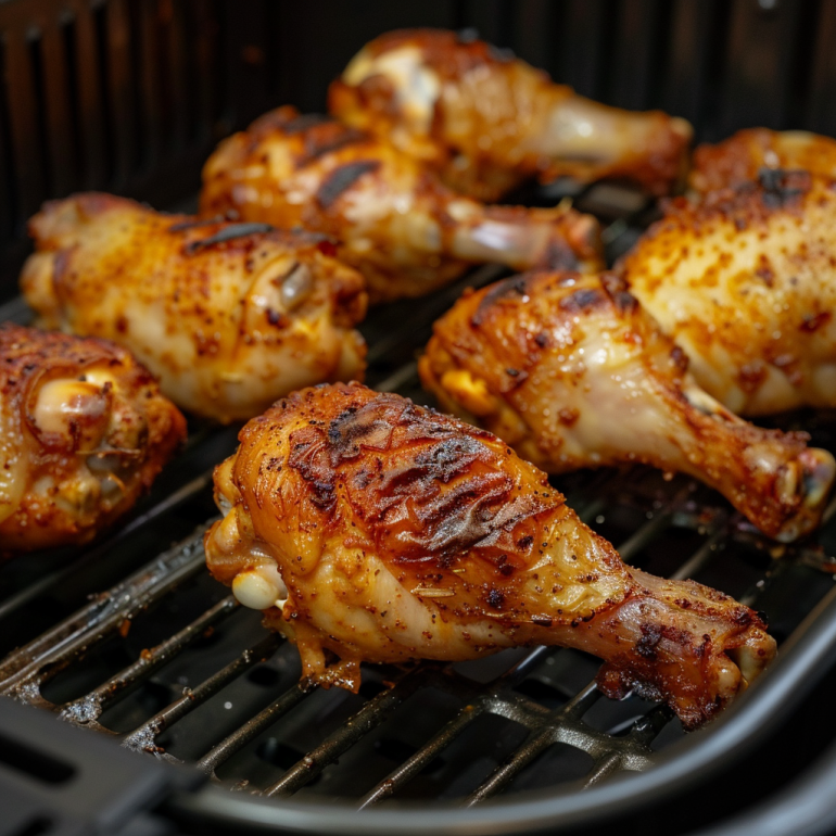 Chicken drumsticks cooking in air fryer showing golden brown skin and crisping development