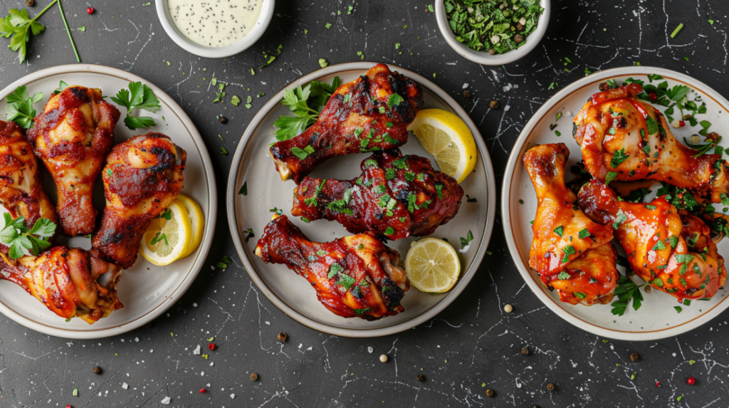 Multiple chicken drumstick flavor variations including classic, BBQ, buffalo, and lemon herb styles
