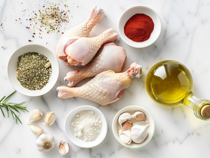 Raw chicken drumsticks with seasonings and olive oil for air fryer cooking preparation