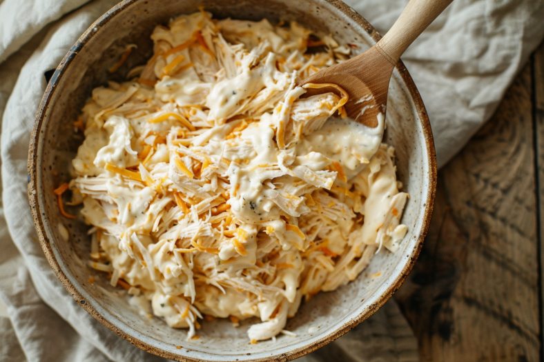 Creamy seasoned chicken and cheese filling mixture for air fryer taquitos in bowl