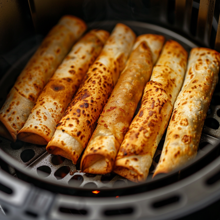 Chicken taquitos cooking in air fryer showing golden browning and crispy texture development