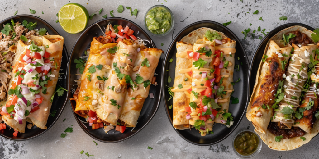 Multiple chicken taquito variations including classic, buffalo, BBQ, and Southwest styles