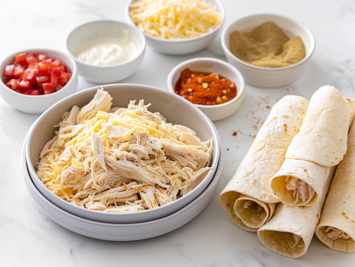 Ingredients for air fryer chicken taquitos including rotisserie chicken, Mexican cheese, cream cheese, and tortillas