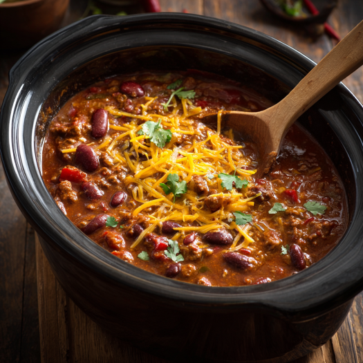 Crockpot filled with thick beef chili topped with cheese and cilantro.