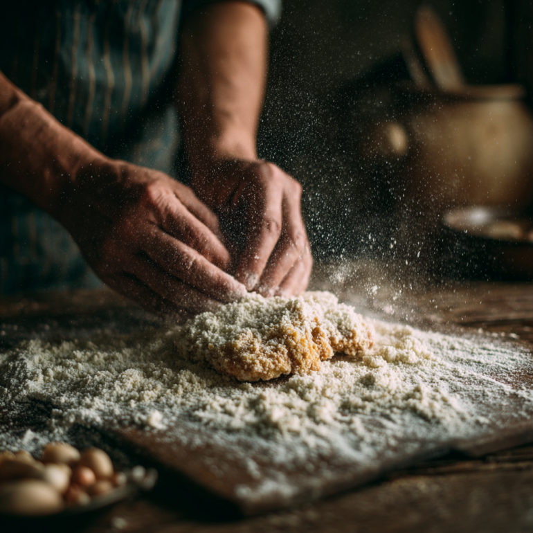 Hands coating chicken with seasoned flour and breadcrumbs before air frying.