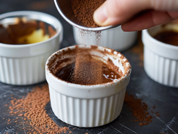 Dusting cocoa powder inside buttered ramekin for lava cake