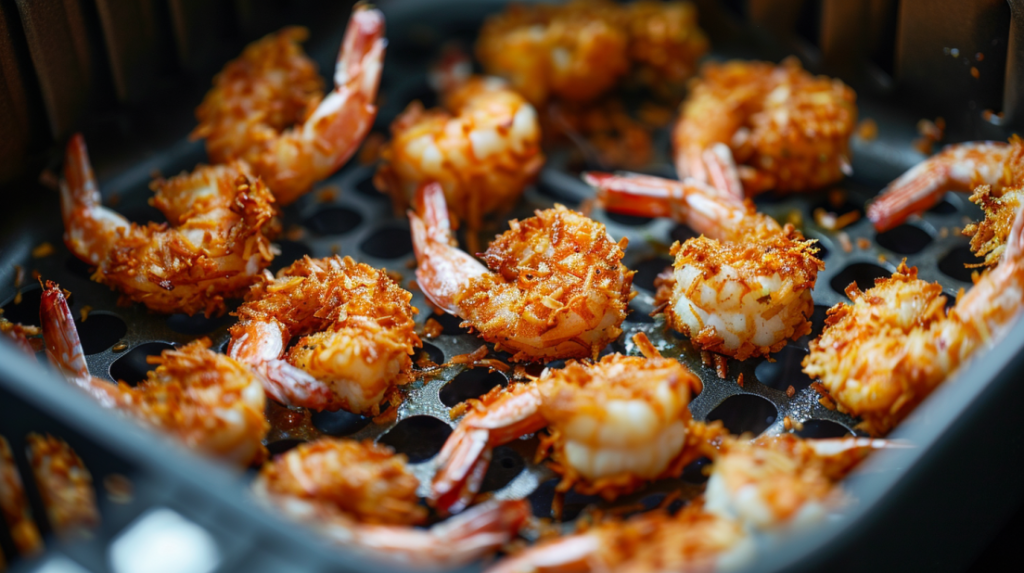 Coconut shrimp cooking in air fryer basket developing golden-brown color