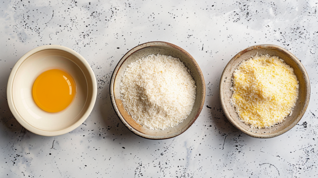 Three-bowl breading station for coconut shrimp with flour, egg wash and coconut coating