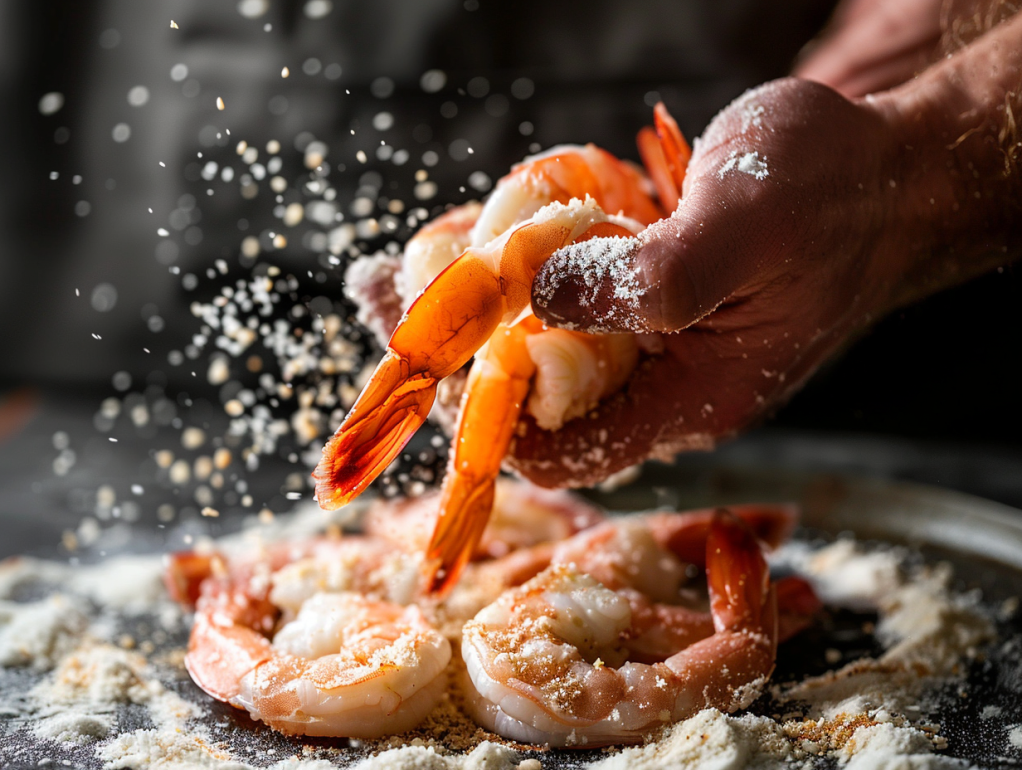 Dredging shrimp in seasoned flour mixture for first breading step