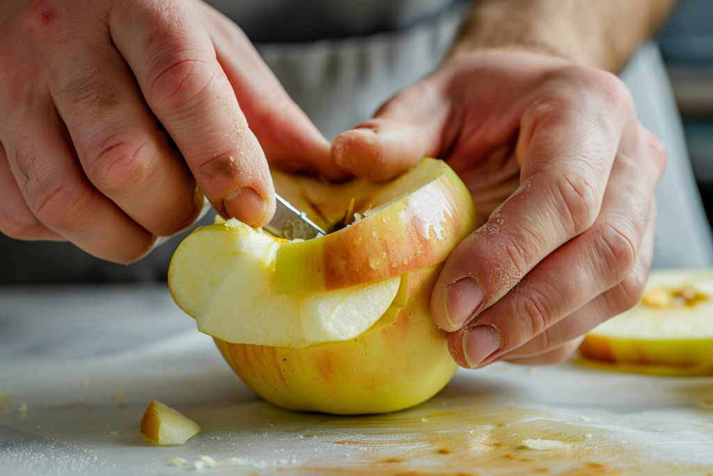 Hands coring apple with apple corer leaving half-inch base intact for air fryer baked apples