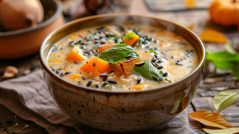 Cozy autumn wild rice soup with sweet potato, kale, and coconut milk in rustic bowl with steam rising