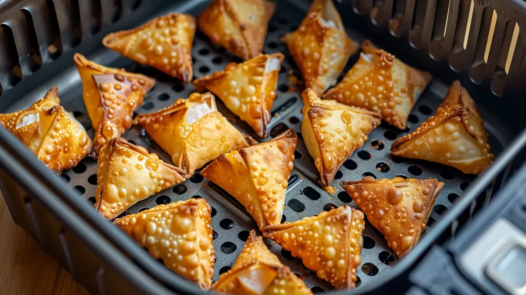 Crab rangoon in air fryer basket showing golden browning during cooking process