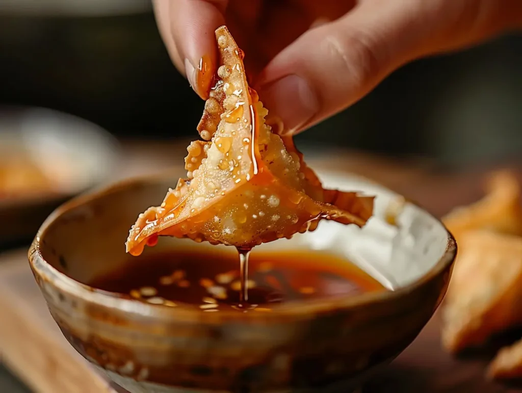 Crispy crab rangoon being dipped into sweet and sour sauce showing glossy coating