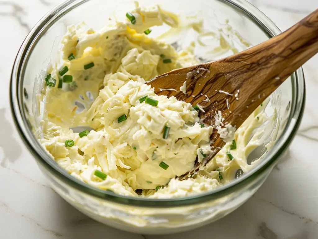 Creamy crab rangoon filling in glass bowl showing cream cheese mixture with visible crab chunks and green onions