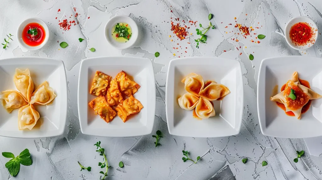 Four crab rangoon variations displayed including classic, spicy, garlic, and seafood medley styles