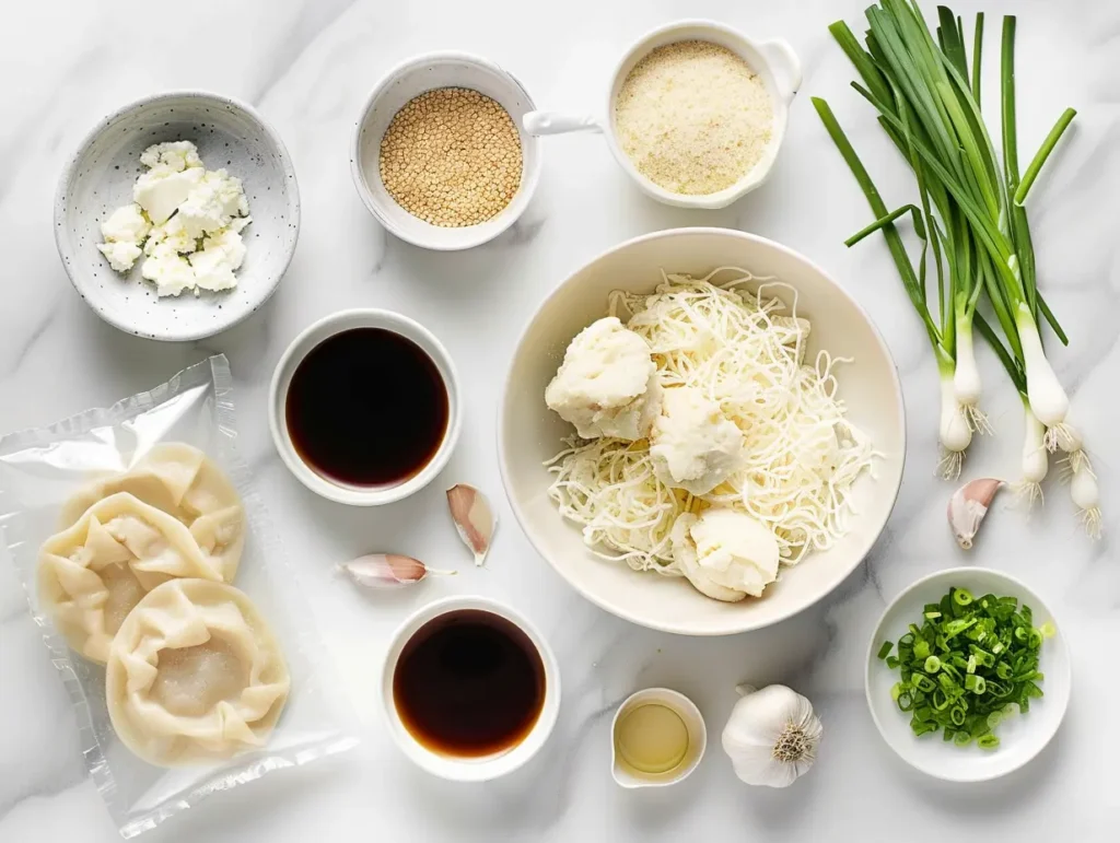 Crab rangoon ingredients including cream cheese, lump crab meat, green onions, seasonings, and wonton wrappers organized on countertop