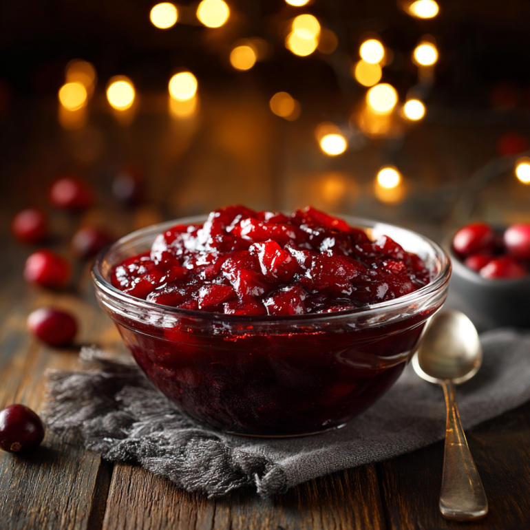 Fresh cranberry sauce cooling on a wooden counter beside a spoon.