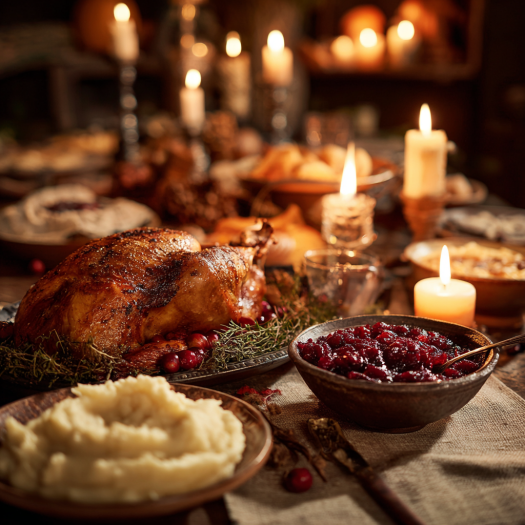 Holiday table with cranberry sauce and turkey under candlelight.