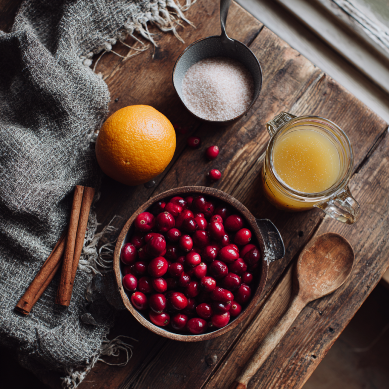 Ingredients for homemade cranberry sauce arranged on a rustic kitchen counter with natural light.