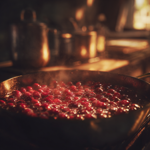 Cranberries simmering and bursting in a saucepan