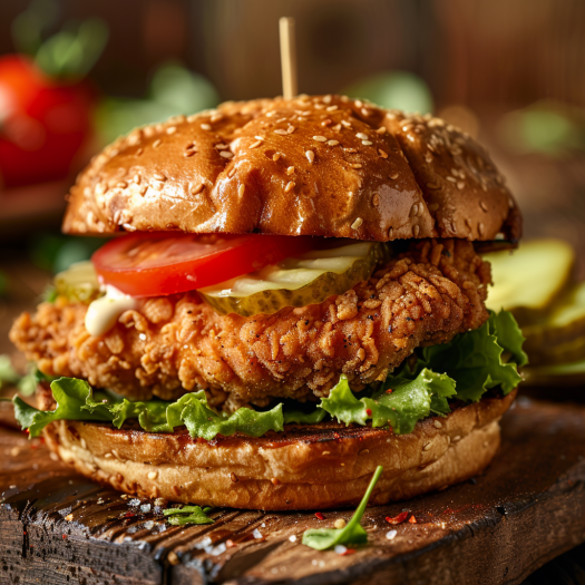 Close-up of sliced crispy air fryer chicken sandwich showing juicy interior.