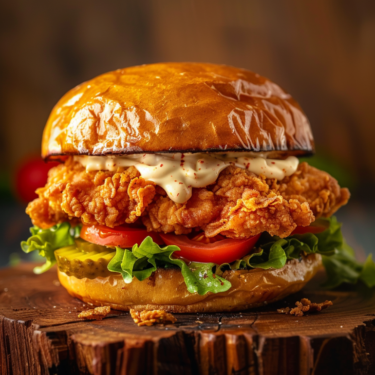 Golden crispy air fryer chicken sandwich with lettuce, tomato, and pickles on a toasted brioche bun.