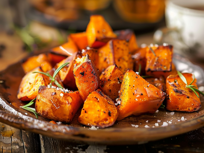 Crispy roasted sweet potatoes on a ceramic plate with herbs and salt.