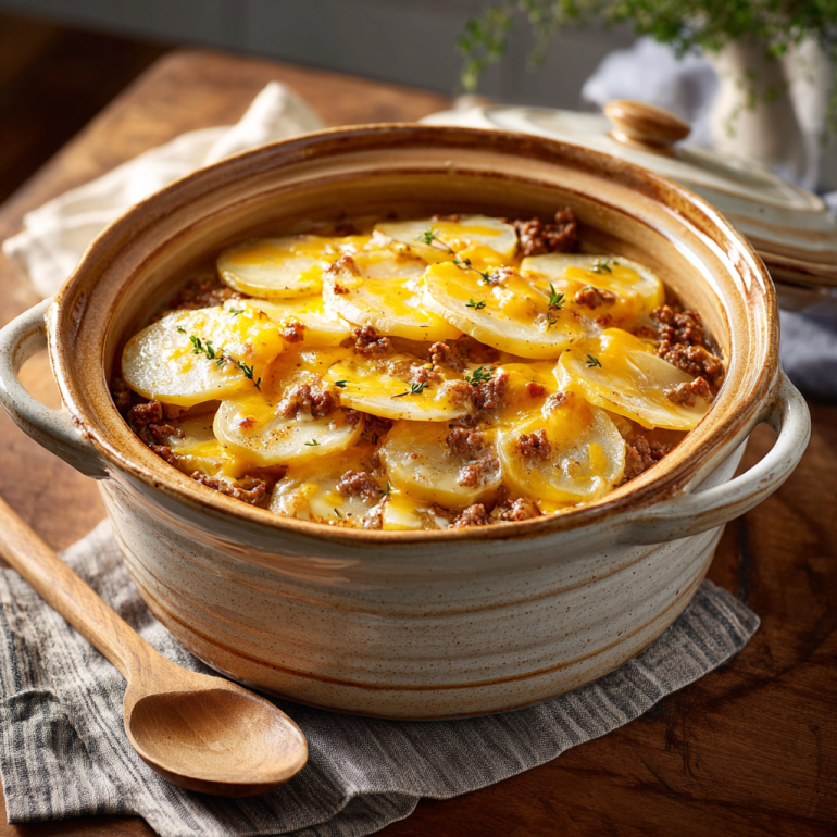 Slow cooker beef and potato casserole with melted cheddar and golden sauce.