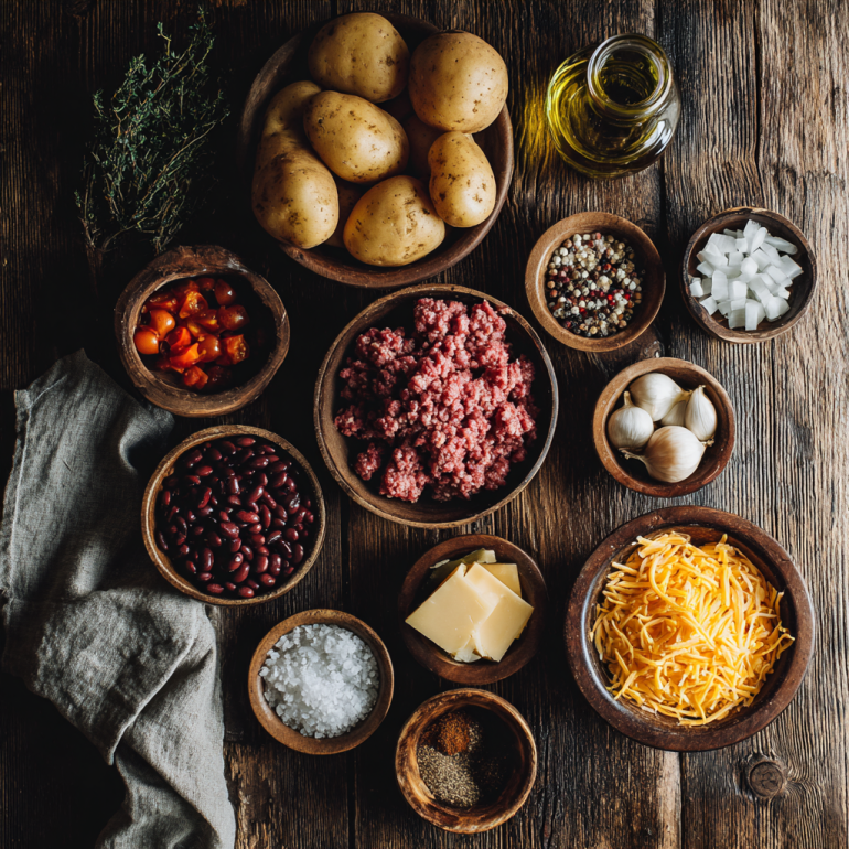 Ingredients for crockpot ground beef meals laid out on a rustic kitchen table.