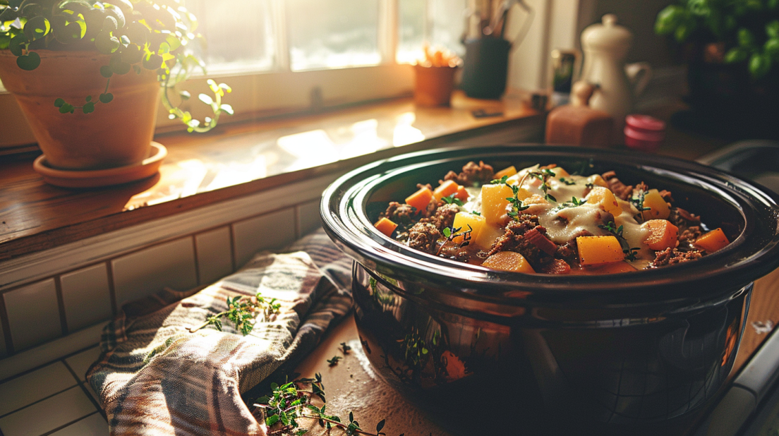 Crockpot filled with hearty ground beef stew in a cozy farmhouse kitchen setting.