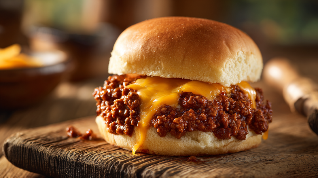 Close-up of Crockpot Sloppy Joe sandwich on a toasted brioche bun with melted cheese