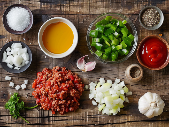 Flat lay of ingredients for Crockpot Sloppy Joes including ground beef, ketchup, mustard, and onions on a wooden surface