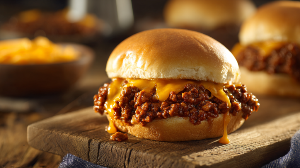 Close-up of saucy Crockpot Sloppy Joe on toasted bun with melted cheese and sauce dripping