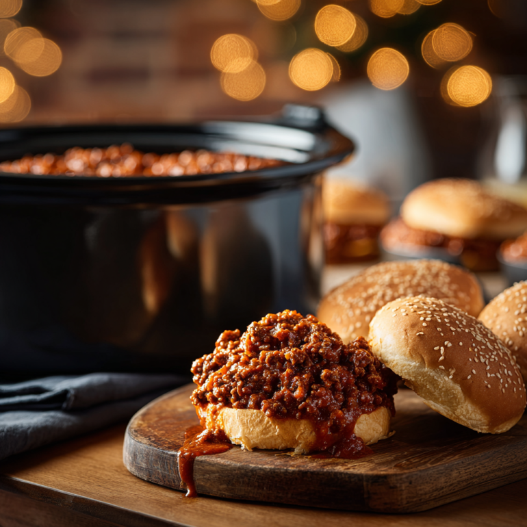 Crockpot with sloppy joe meat mixture beside toasted buns on a wooden counter
