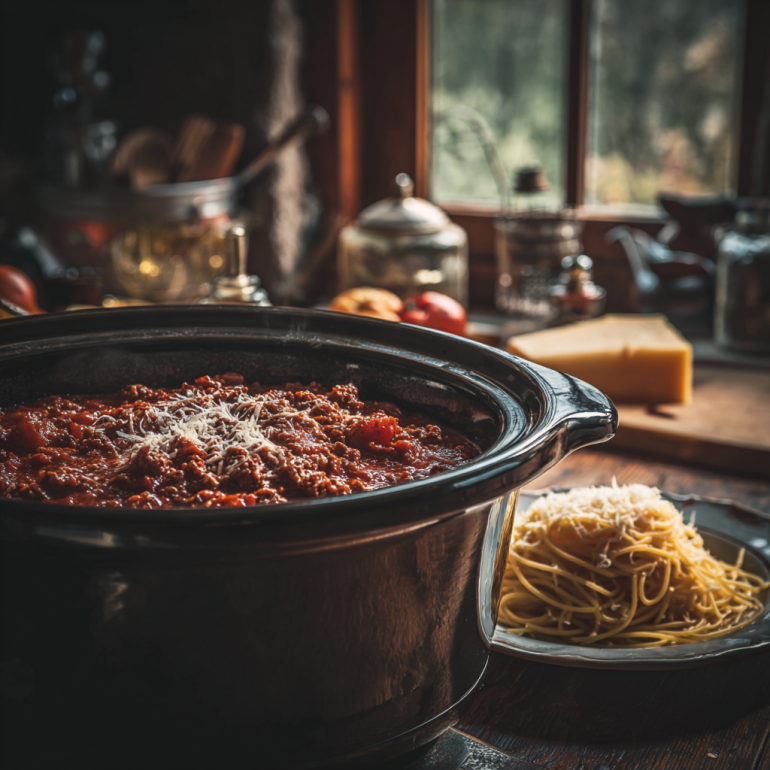 Crockpot of spaghetti bolognese sauce simmering next to a plate of pasta.